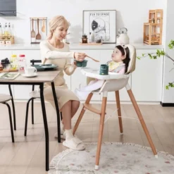 Babyjoy Baby High Chair Wooden Feeding Chair With 4-Gear Tray & Removable Cushion Beige/Grey