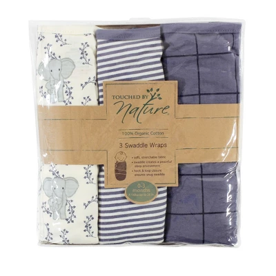 Touched By Nature Baby Boy Organic Cotton Swaddle Wraps, Elephant, 0-3 Months 1 Touched By Nature Baby Boy Organic Cotton Swaddle Wraps, Elephant, 0-3 Months