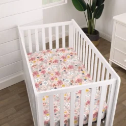 NoJo Super Soft Fitted Mini Crib Sheet - Happy Pink And White Floral