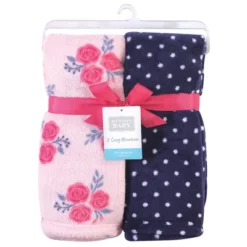 Hudson Baby Infant Girl Silky Plush Blanket, Pink Navy Roses, 30x36 Inches
